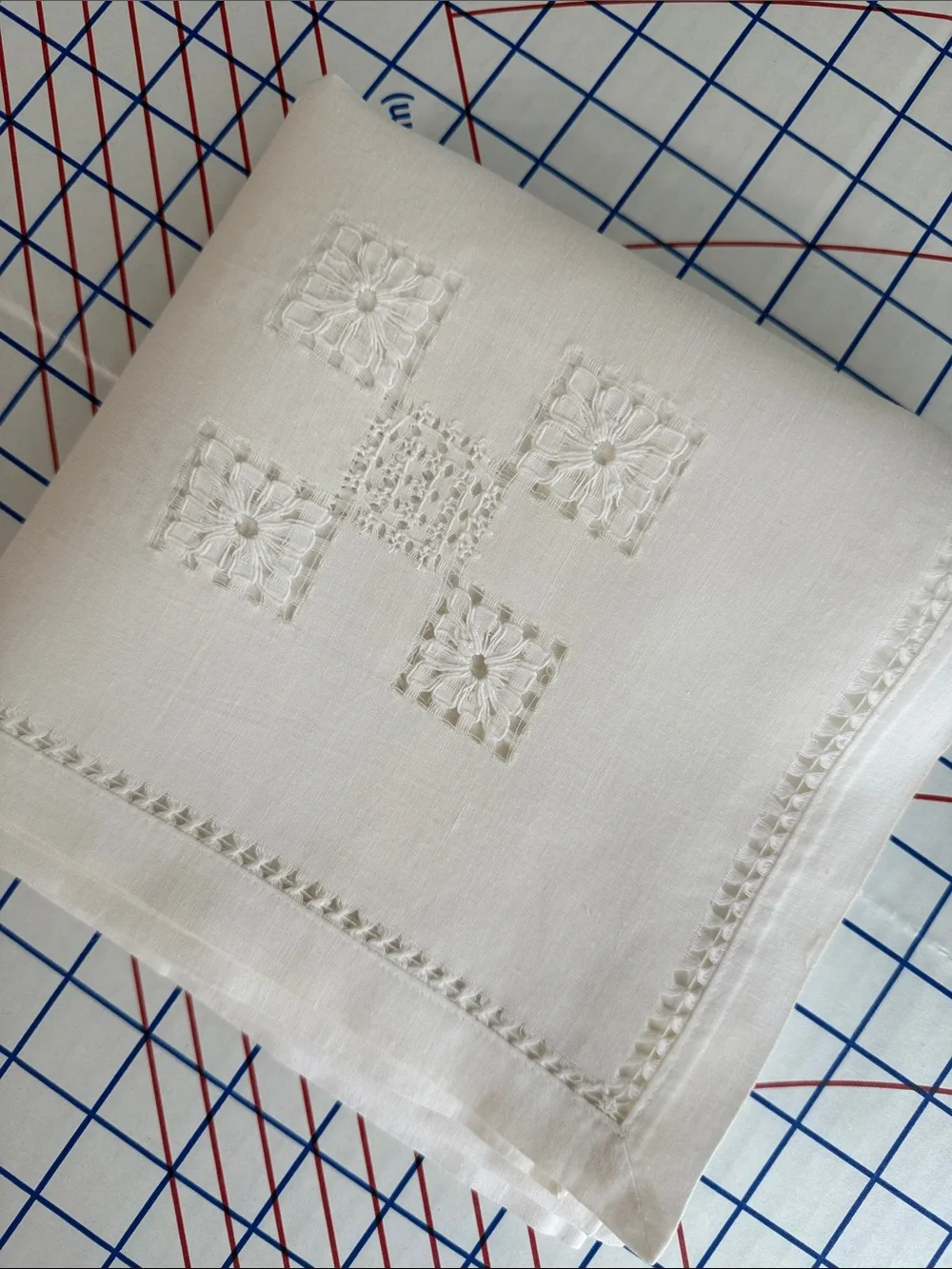 Vintage White Linen Madeira Style Table Topper 34 x 32 Drawn Thread Cutwork